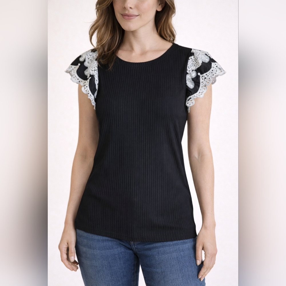 VENUS Black Ribbed Top with Lace Flutter Sleeves Size S